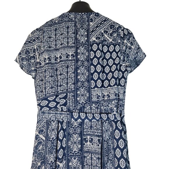 Aakaa Boho Maxi Dress Blue White Geo Print Short Sleeve Lightweight Small Resort - Picture 10 of 13
